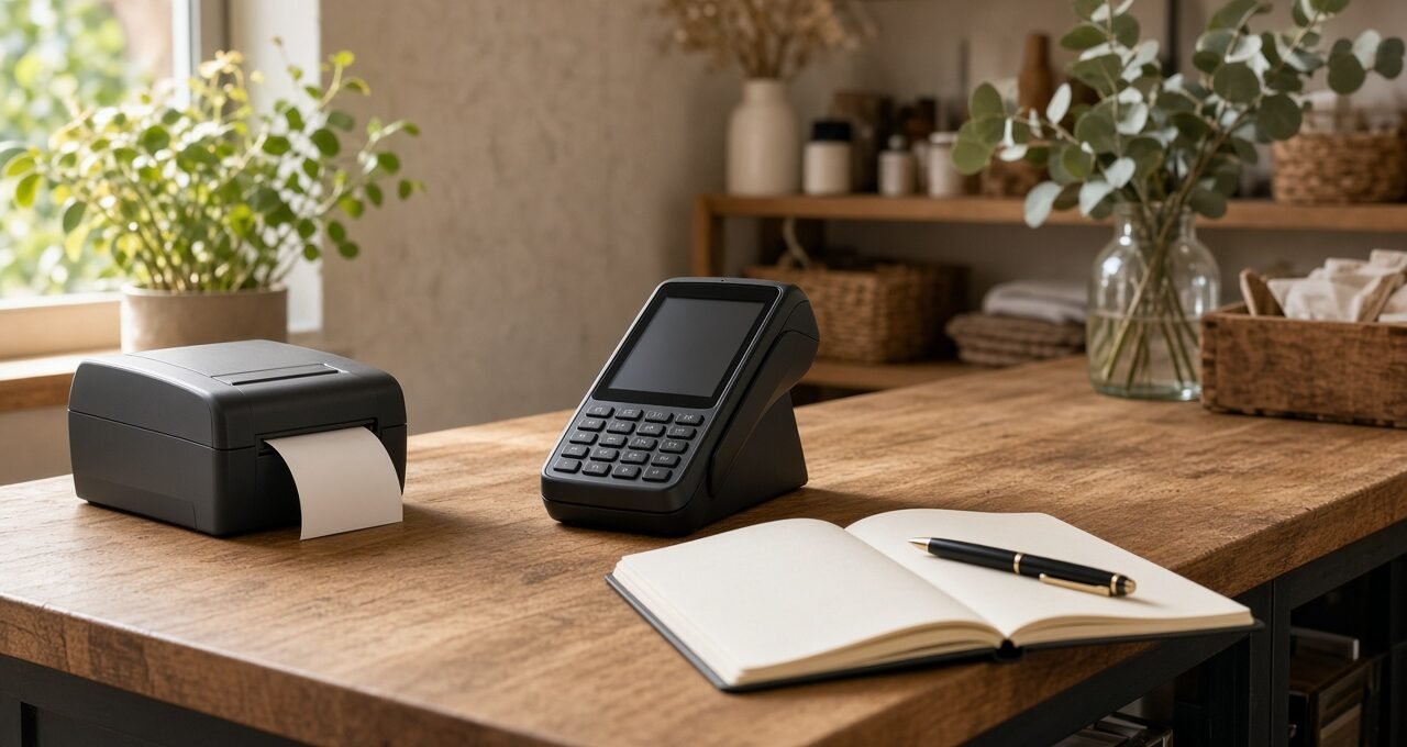 Card payment terminal on a small-business checkout counter