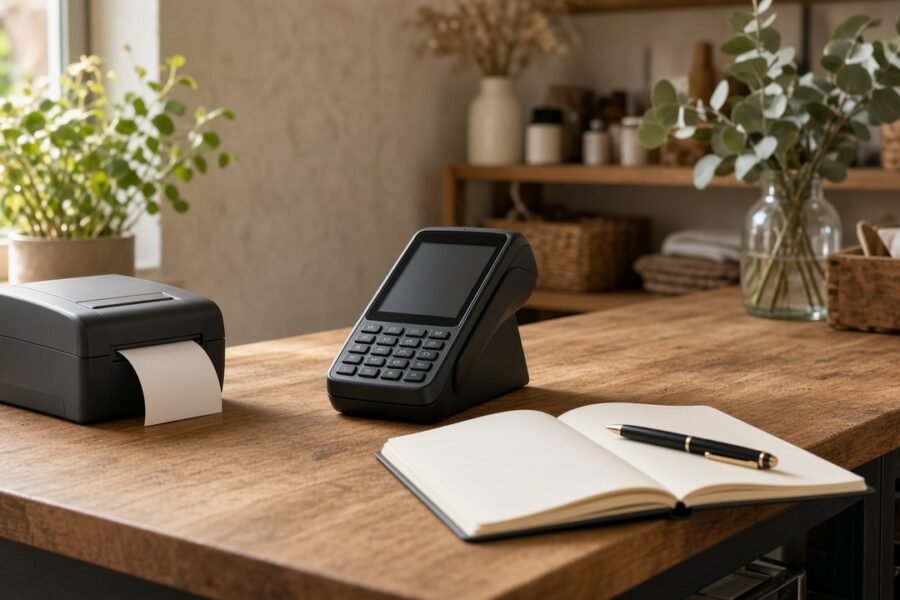 Card payment terminal on a small-business checkout counter