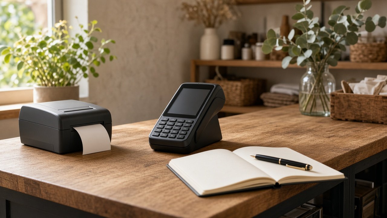 Card terminal on a checkout counter for a high-risk merchant account