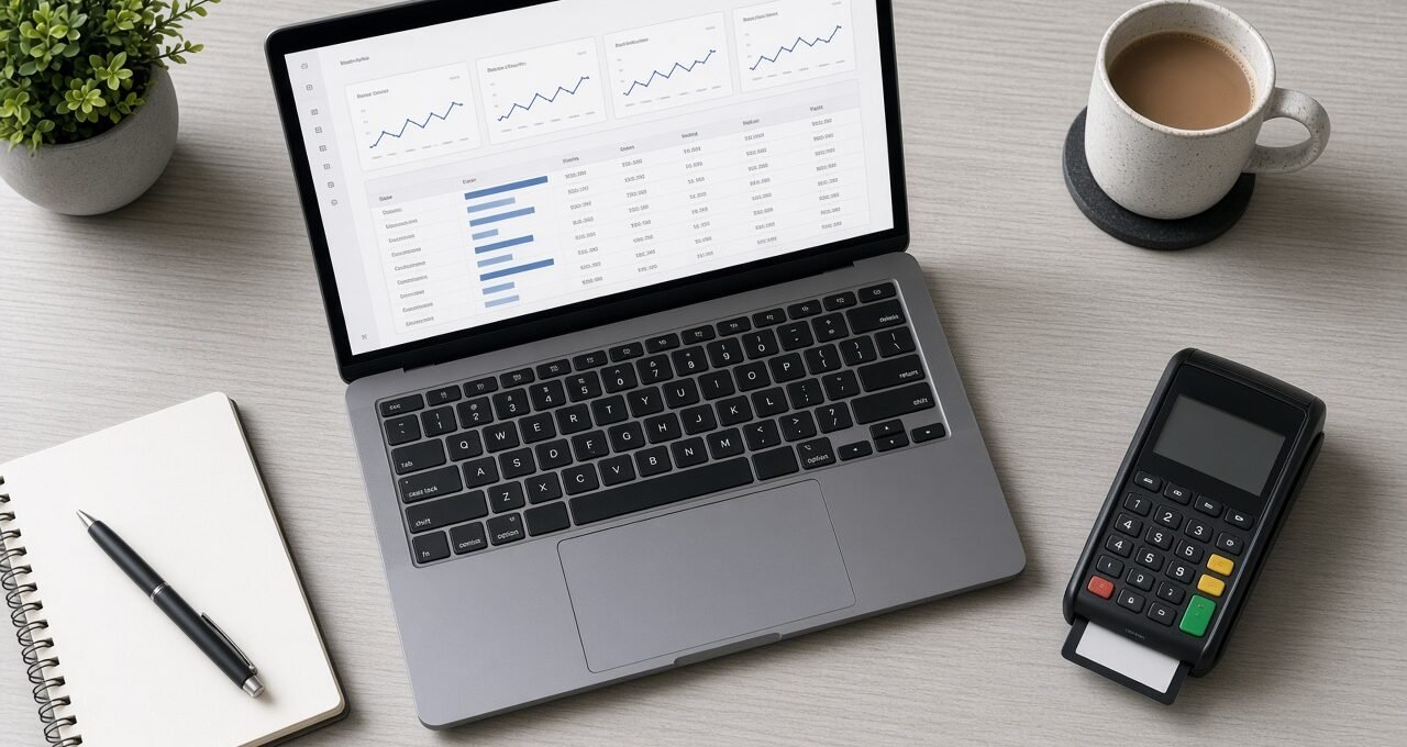 Business owner reviewing payment processing reports on a laptop