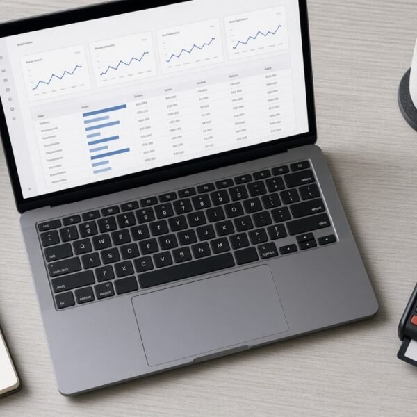 Business owner reviewing payment processing reports on a laptop