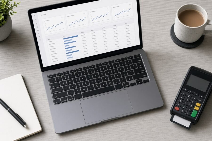Business owner reviewing payment processing reports on a laptop