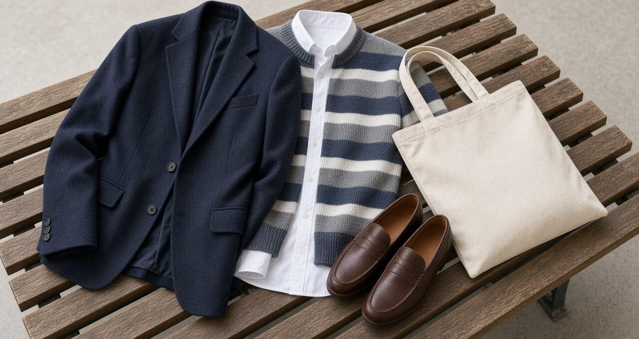 Heritage preppy outfit with a navy blazer and loafers