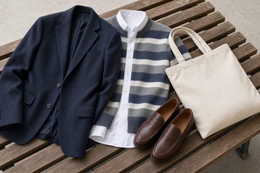 Heritage preppy outfit with a navy blazer and loafers