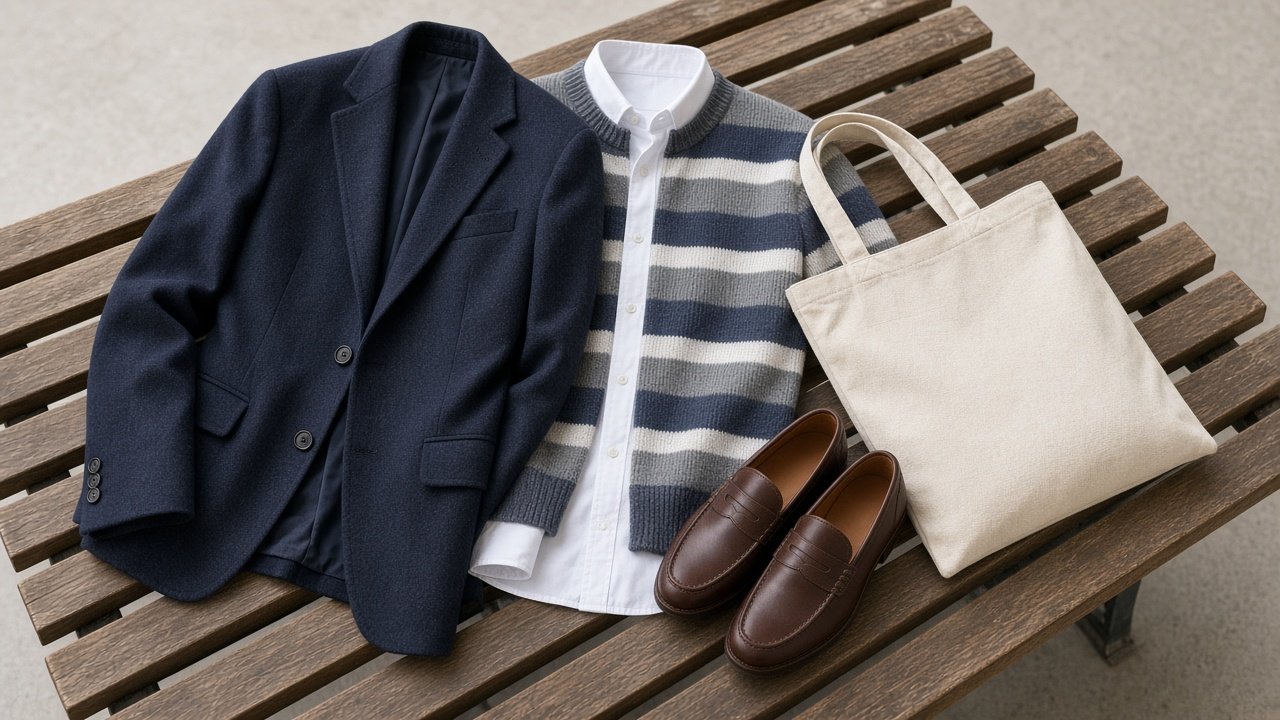Heritage preppy outfit with a navy blazer, striped knit, and loafers